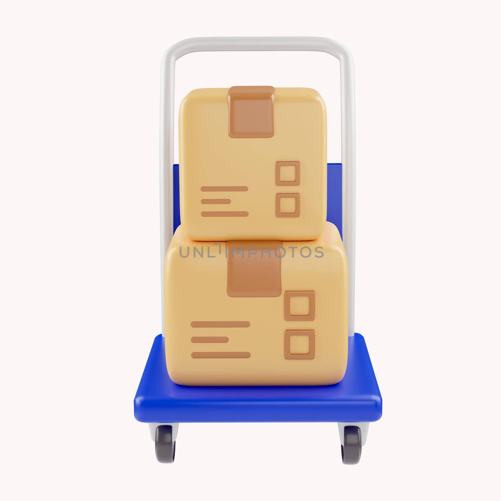 3D Shopping cart and cardboard box. Fast delivery concept from online store. Shipping logistics package delivery. Cargo box. Cartoon creative design icon isolated on white background. 3D Rendering.