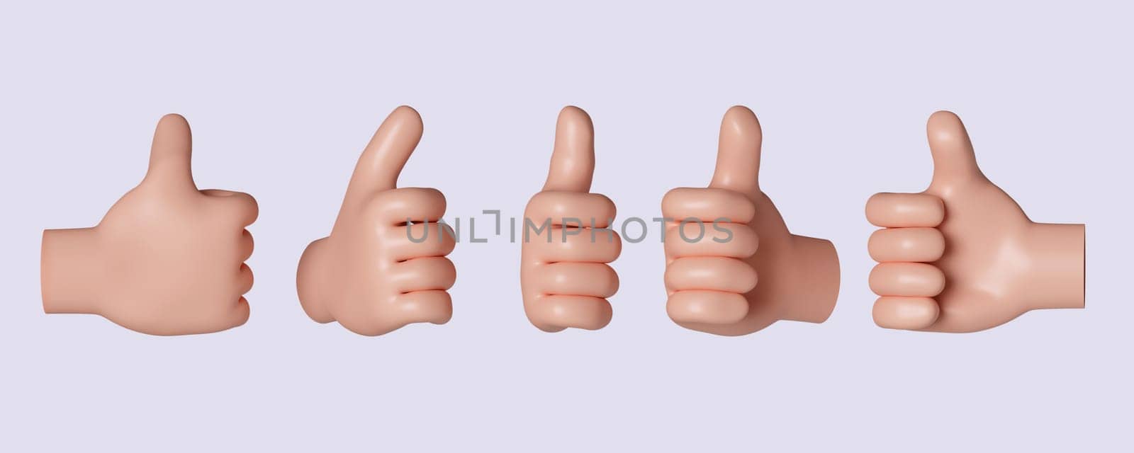 3d Cartoon character hand gesture thumb up set. icon isolated on gray background. 3d rendering illustration. Clipping path..