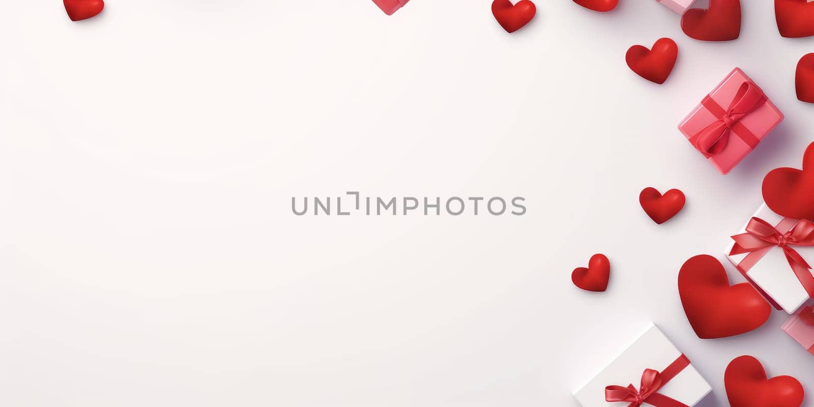 background valentine flat lay, heart, gift box, luxury, colorful background and copy space, AI generative.