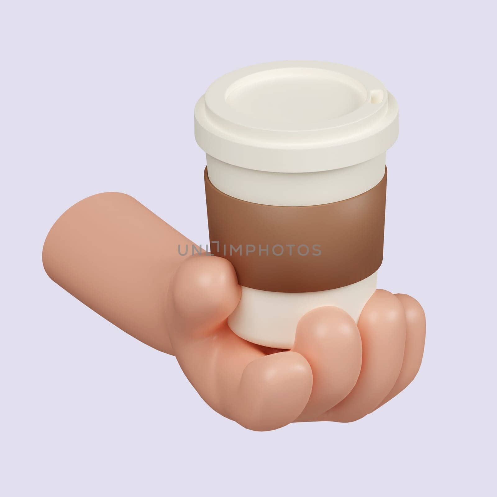 3d Cartoon character hand hold paper coffee cup. icon isolated on gray background. 3d rendering illustration. Clipping path..