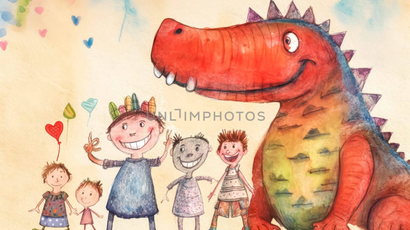 A delightful childrens pencil drawing depicts playful dinosaurs and kids having a blast together, igniting imagination and wonder in a whimsical storybook scene.