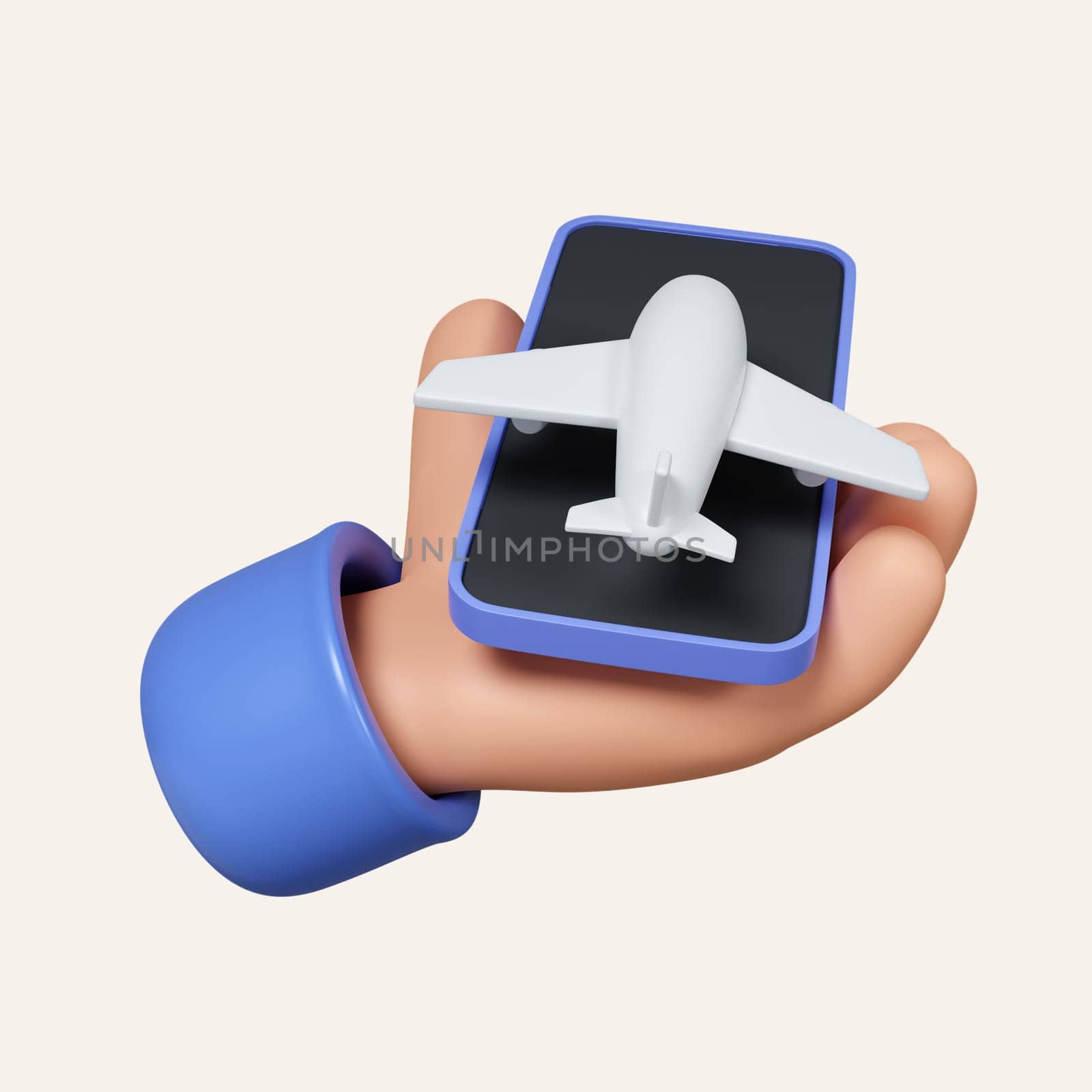 3d hand holding phone on top with plane icon traveling concept. icon isolated on white background. 3d rendering illustration. Clipping path..