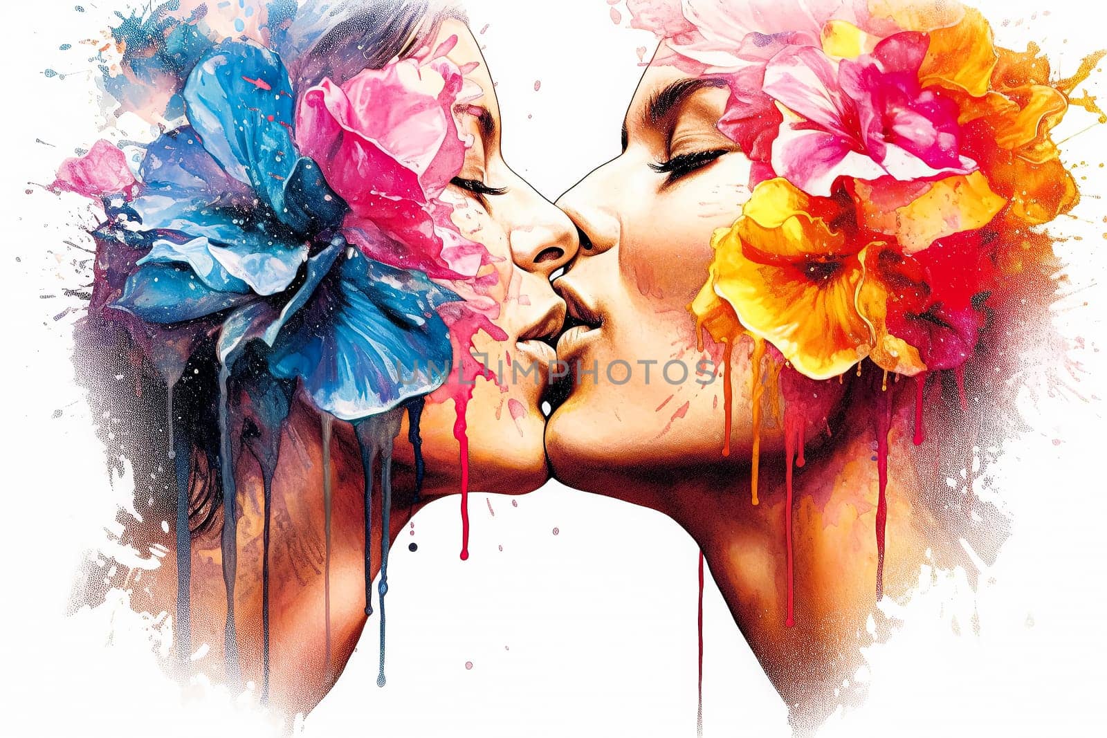 A beautiful art piece capturing two women sharing a happy moment, with flowers delicately placed in their hair.