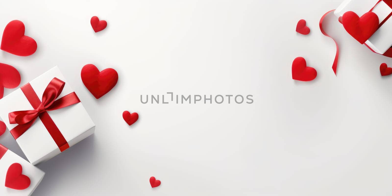 background valentine flat lay, heart, gift box, luxury, colorful background and copy space, AI generative by matamnad