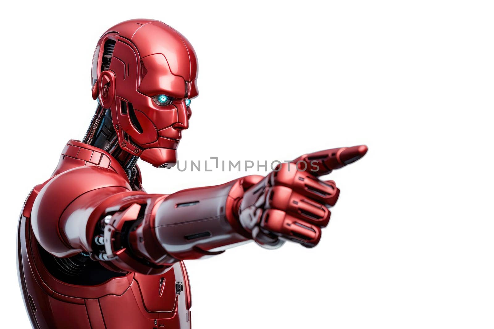 AI Android Robot Pointing Hand At Front Isolated on Transparent Background.