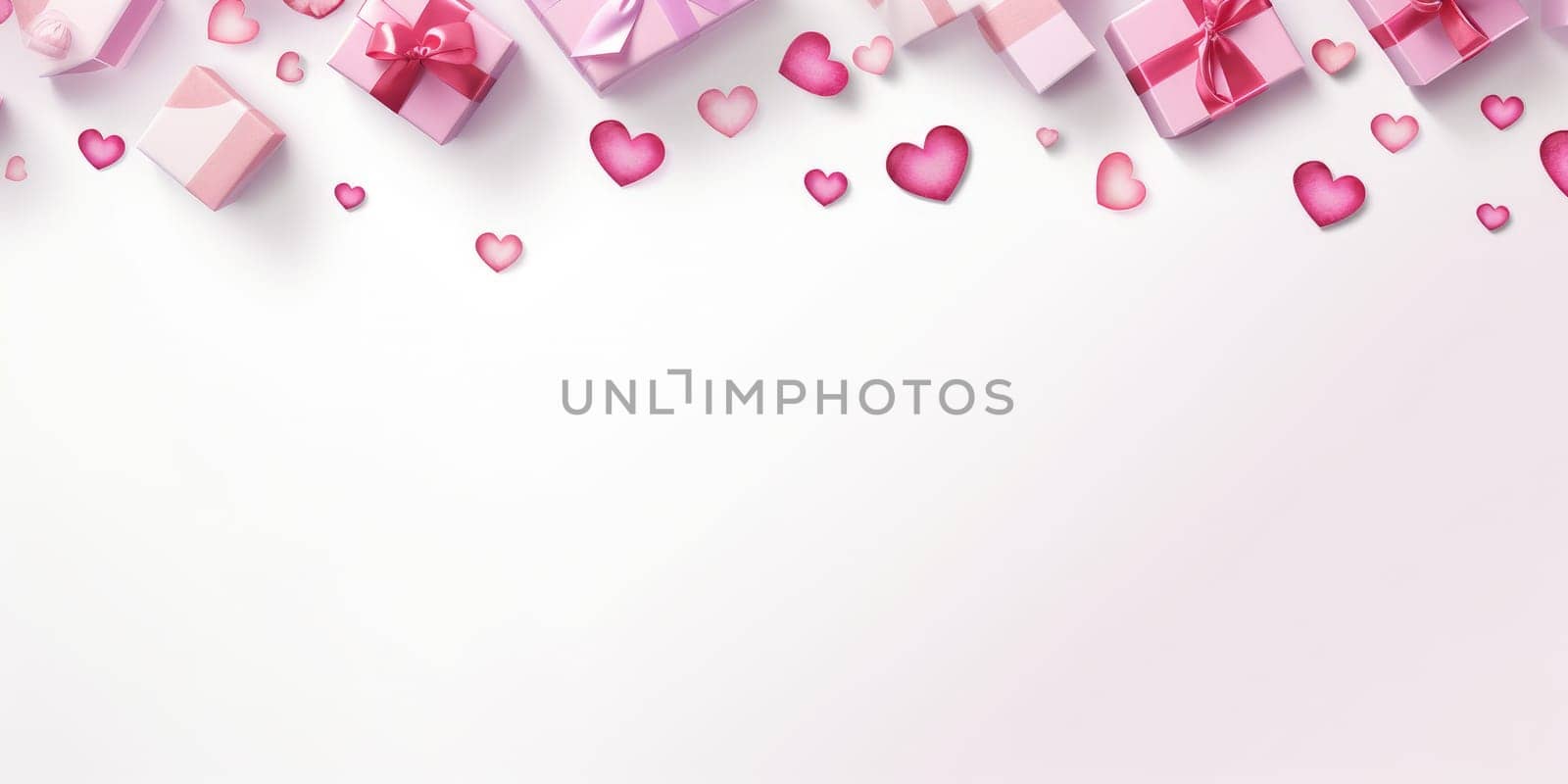 background valentine flat lay, heart, gift box, luxury, colorful background and copy space, AI generative by matamnad