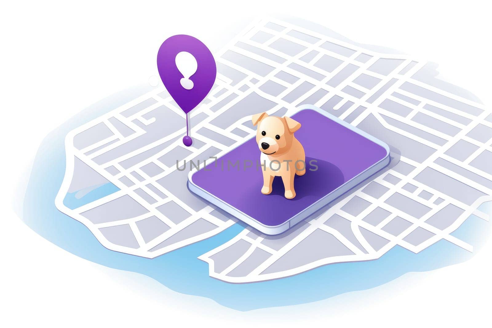 lose and found pet cat and dog on GPS map. AI generative.