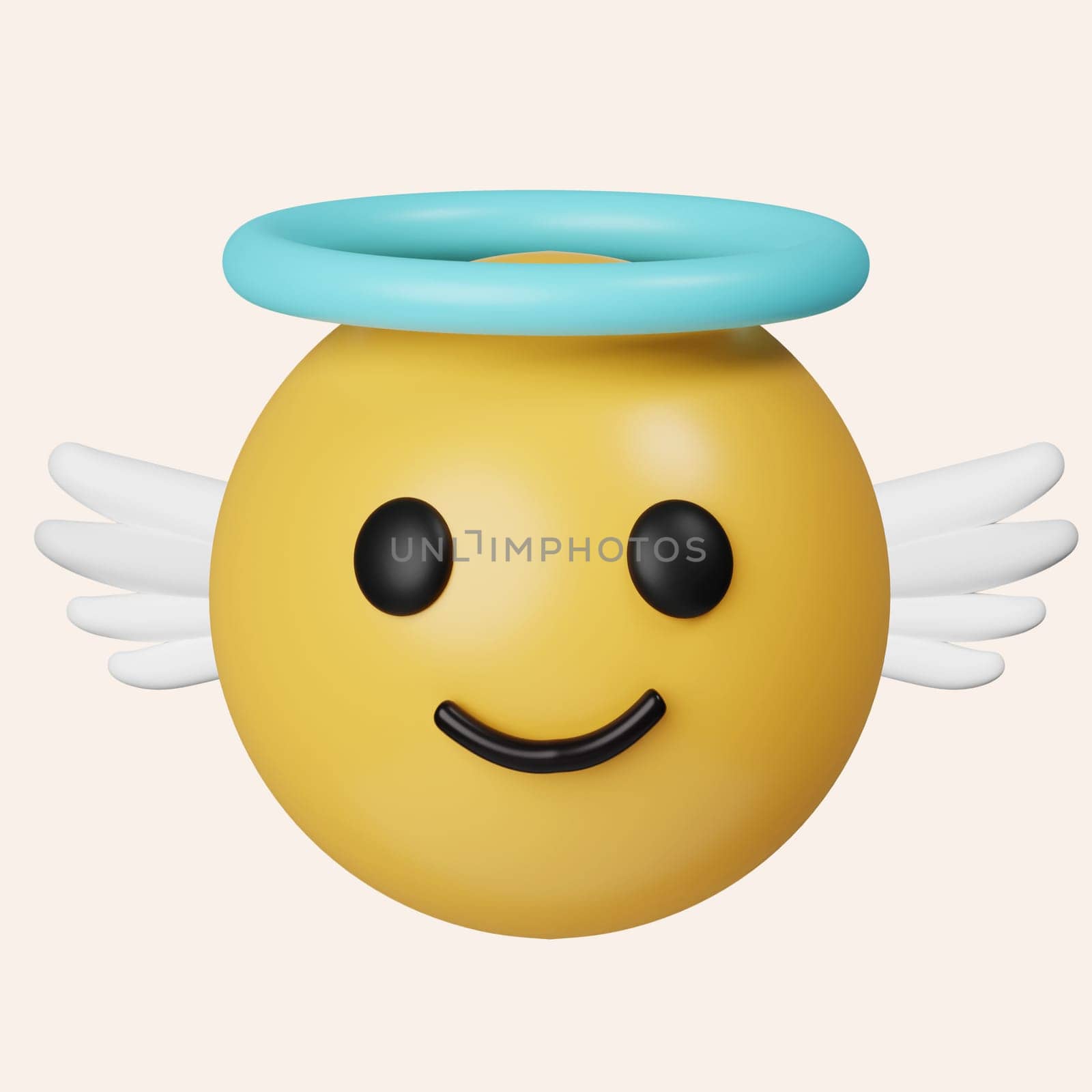 3d Angel emoticon. Holy emoticon with nimbus, happy yellow face with halo overhead. icon isolated on gray background. 3d rendering illustration. Clipping path..