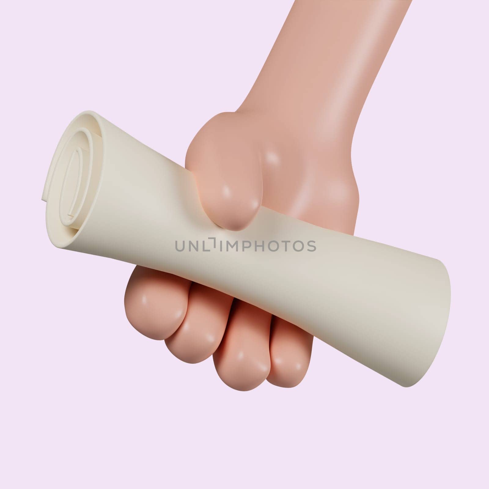 3d hand gesture hold Diploma Paper Scroll. icon isolated on pink background. 3d rendering illustration. Clipping path..