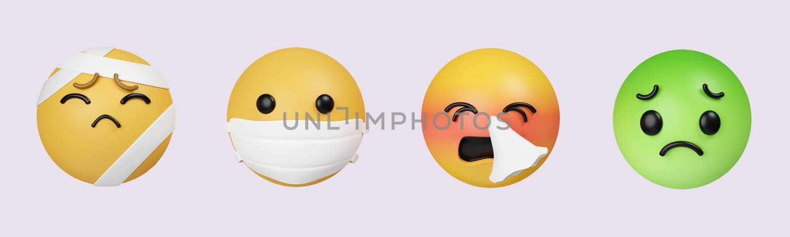 Emoji sick set. Emojis tired, ill, silent and irritated icon collection. icon isolated on gray background. 3d rendering illustration. Clipping path..