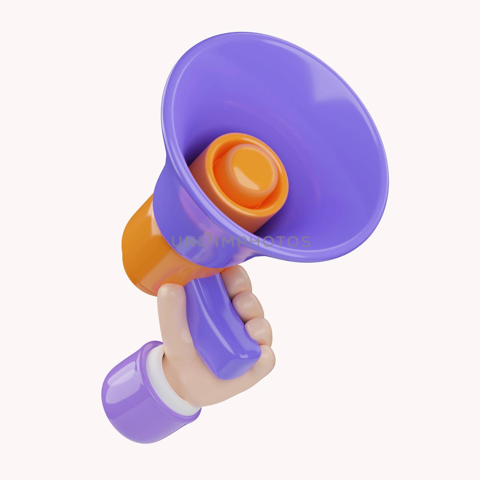 Cartoon hand holding megaphone 3d render on white isolated background. Digital Marketing concept..