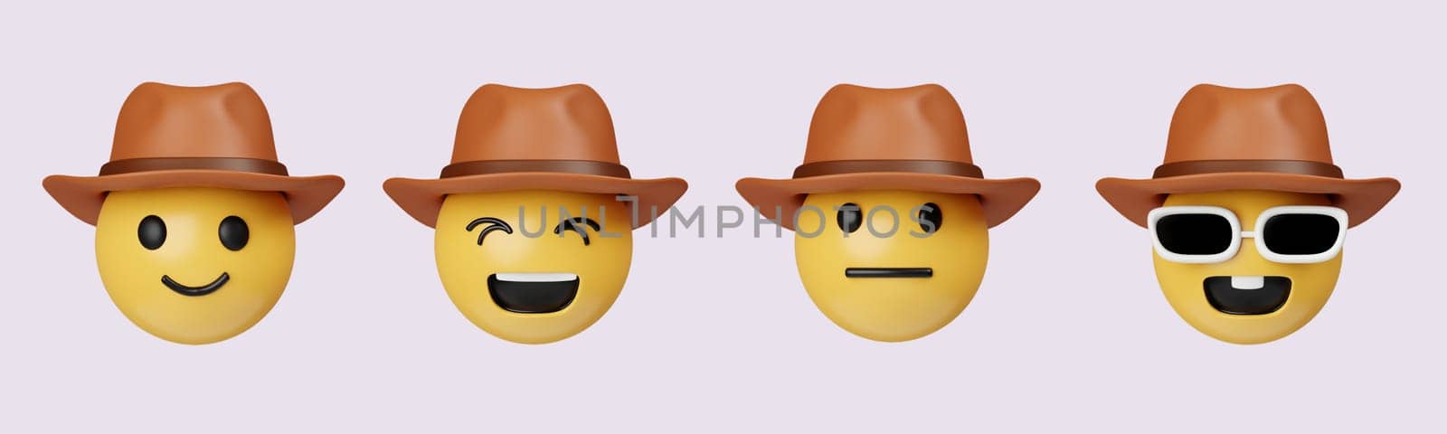 3d emoji cowboy hat face role happy horse riding person. icon isolated on gray background. 3d rendering illustration. Clipping path..