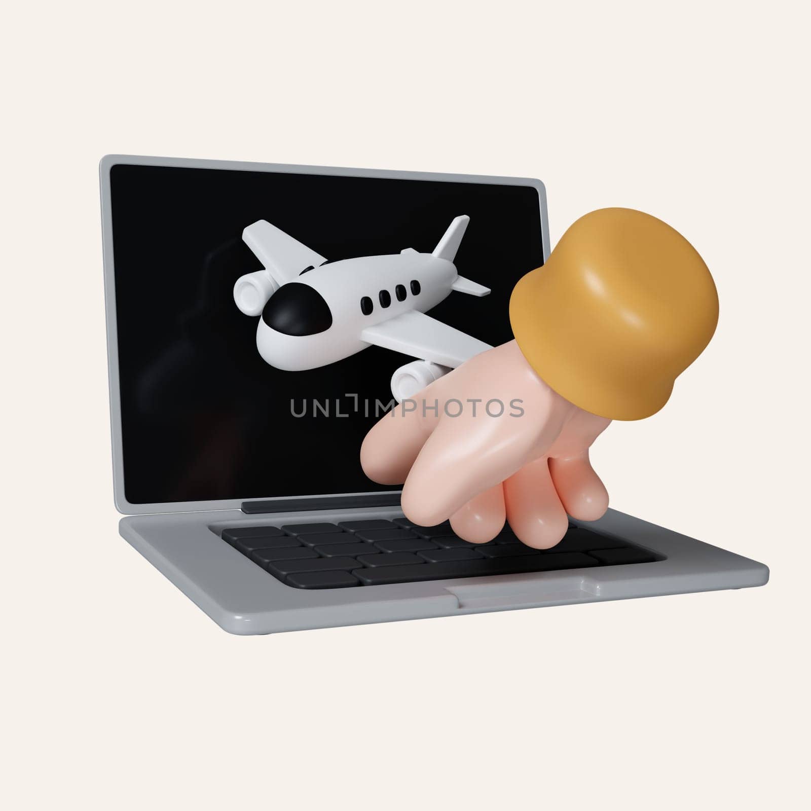 3D hand gesture on laptops and airplane. icon isolated on white background. 3d rendering illustration. Clipping path..