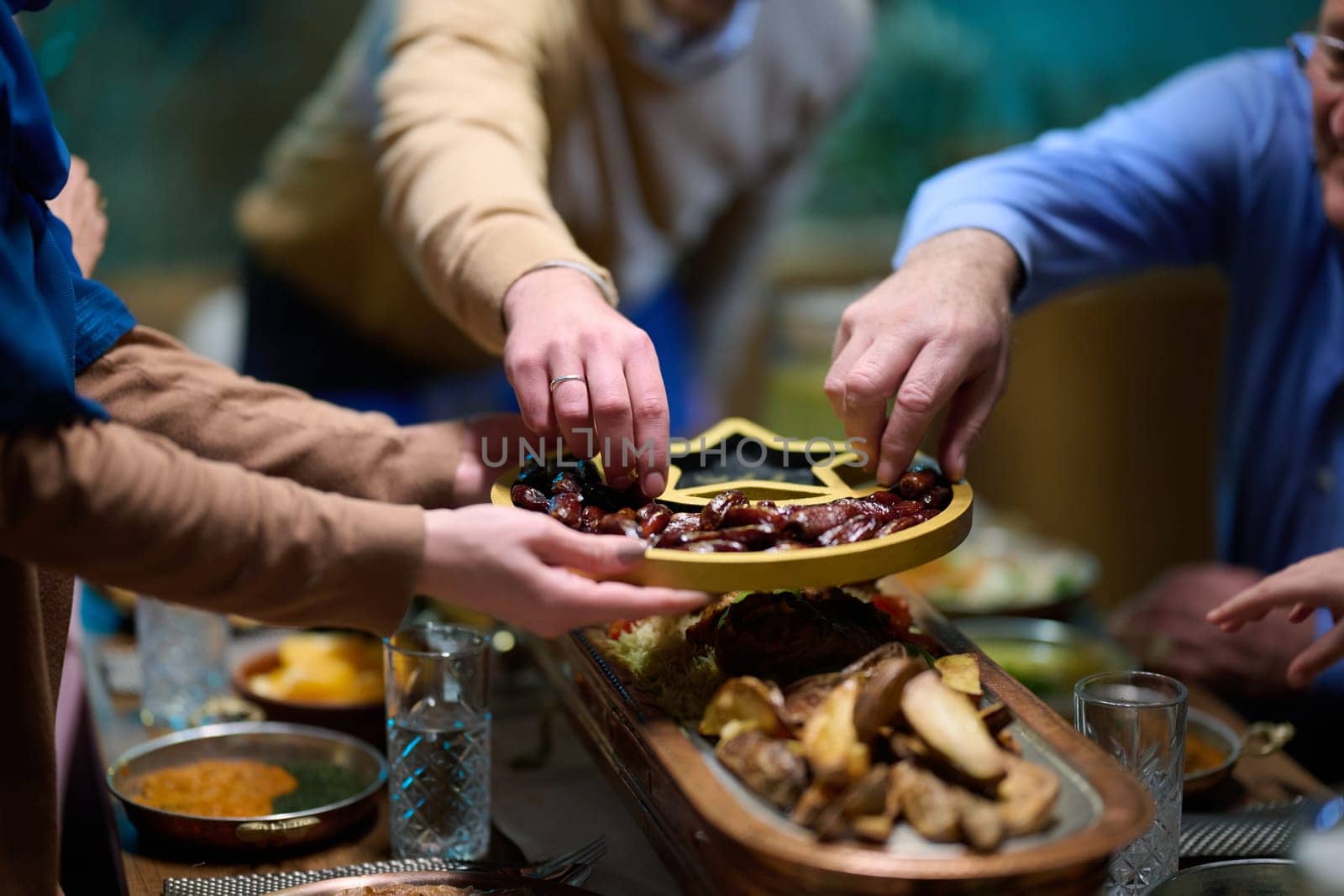 In this modern portrayal, a European Islamic family partakes in the tradition of breaking their Ramadan fast with dates, symbolizing unity, cultural heritage, and spiritual observance during the holy month of Ramadan by dotshock