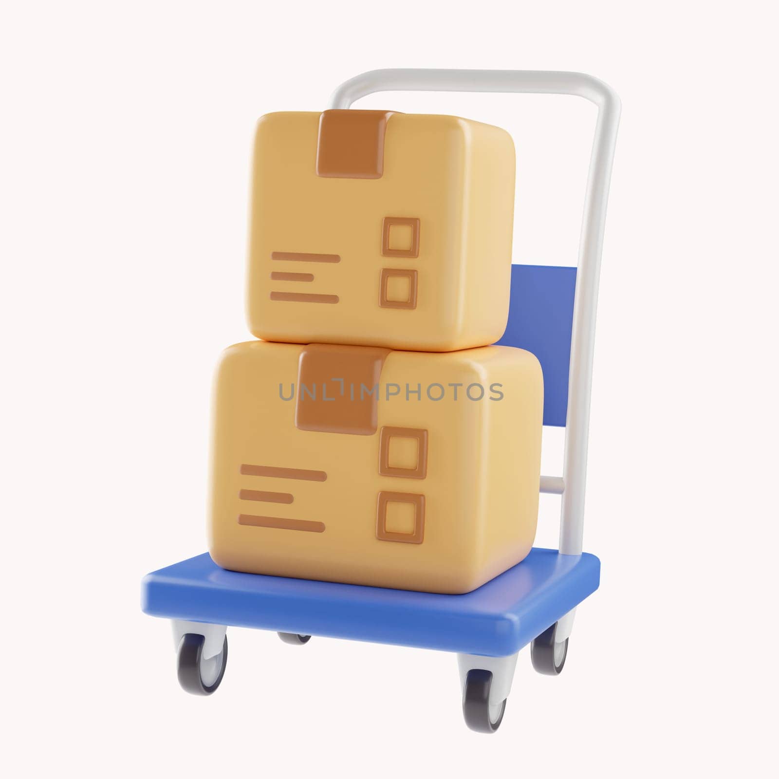 3D Shopping cart and cardboard box. Fast delivery concept from online store. Shipping logistics package delivery. Cargo box. Cartoon creative design icon isolated on white background. 3D Rendering.