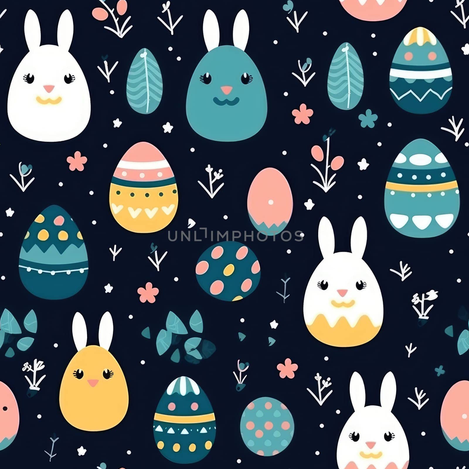 Easter egg seamless pattern with cute cartoon Easter Bunny, eggs, spring flowers. Generative AI.