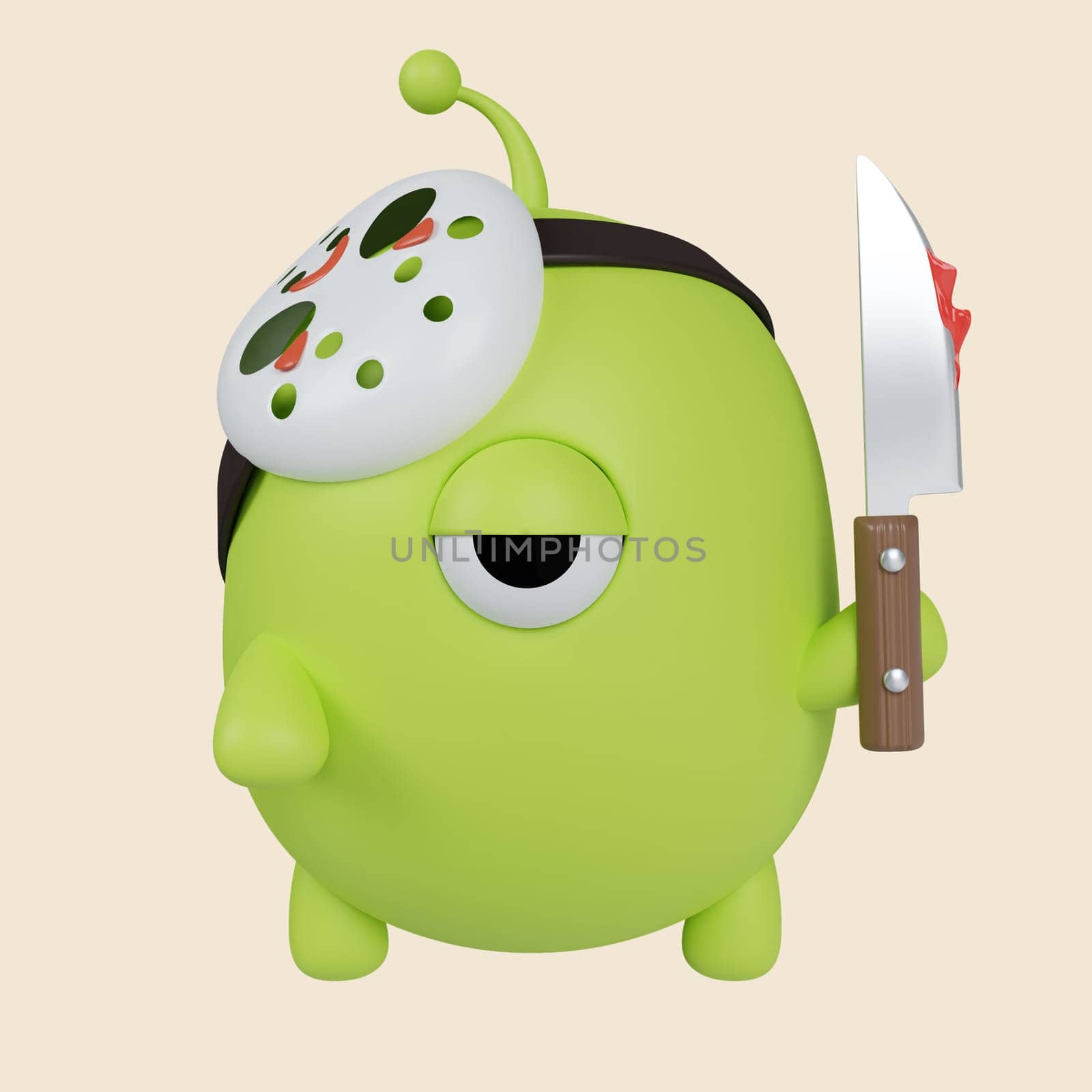 3d Halloween green monster holding a knife icon. Traditional element of decor for Halloween. icon isolated on gray background. 3d rendering illustration. Clipping path..