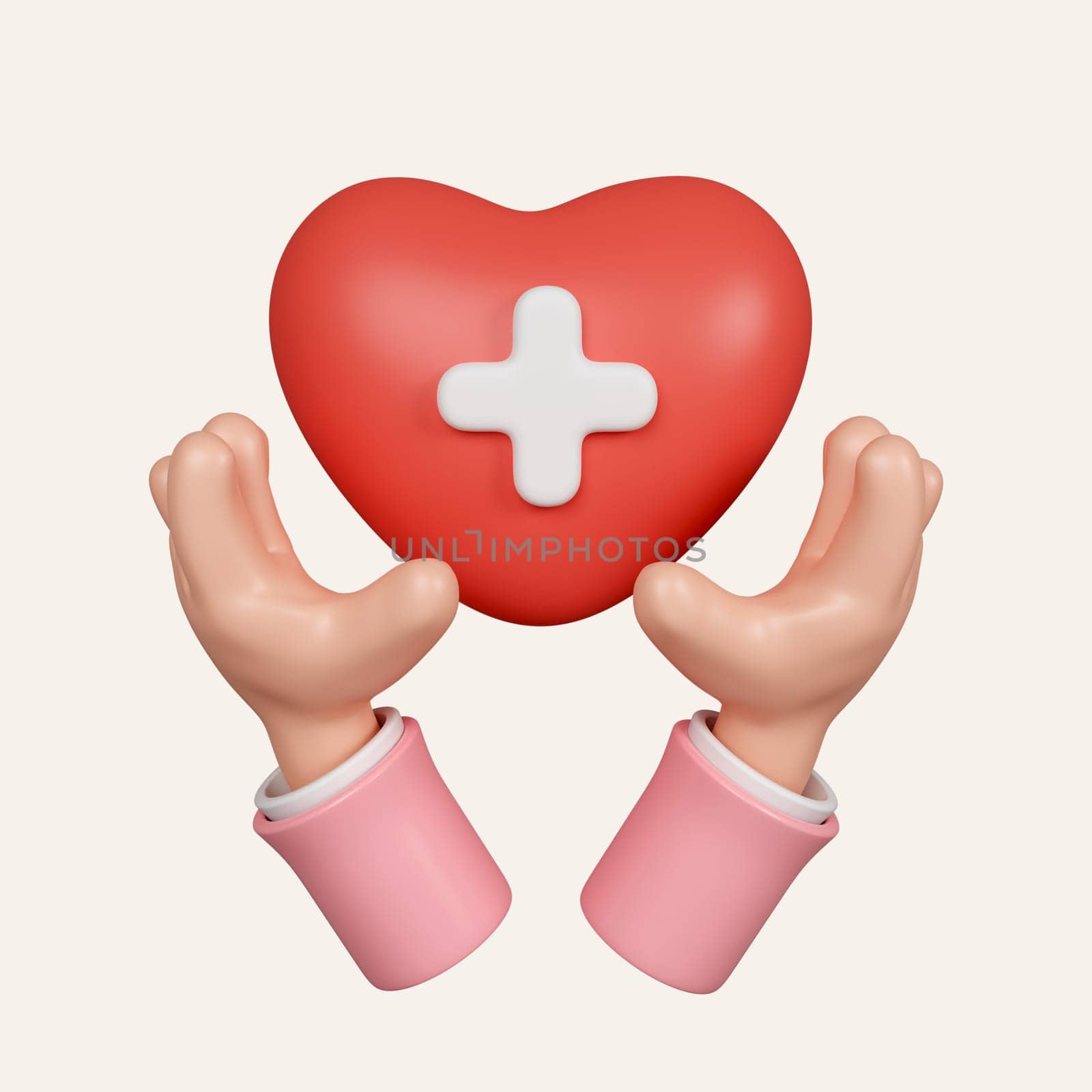 3d hand hold heart with plus sign. heartbeat or cardiogram for healthy lifestyle, pulse beat measure, cardiac assistance. icon isolated on white background. 3d rendering illustration. Clipping path..