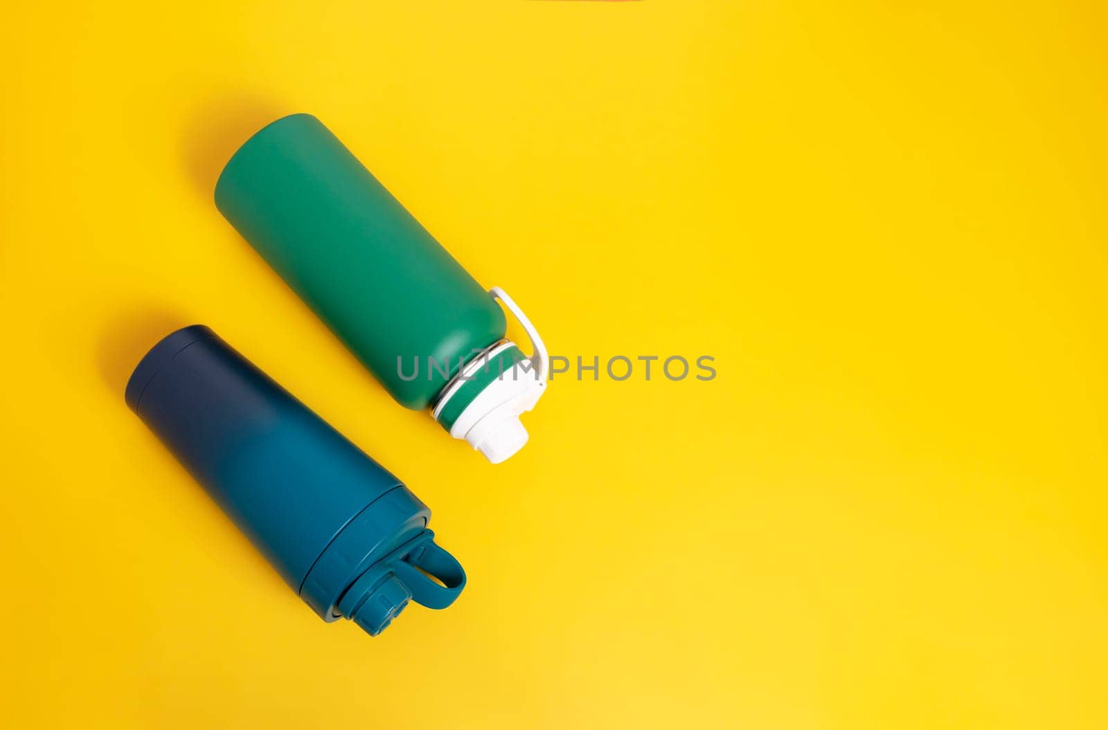Mockup Top View reusable sport water bottle, protein shaker on Yellow Background. Empty Space For Text. Tumbler, Product Template. Horizontal Plane. High quality photo