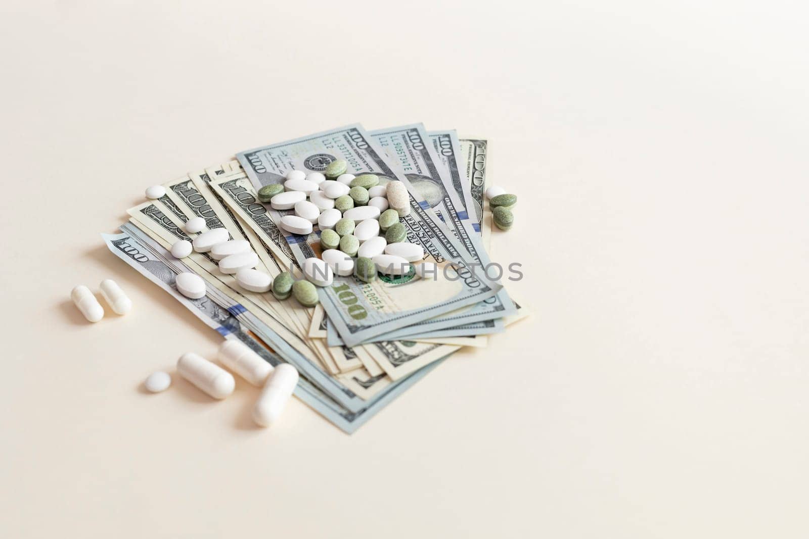 Closeup Many Dollar Money Banknotes And Different Pills Or Tablets. Expensive Medicine And Healthcare Insurances. Inflation. Big Pharma, Pharmaceutical Industry. Horizontal Plane. by netatsi