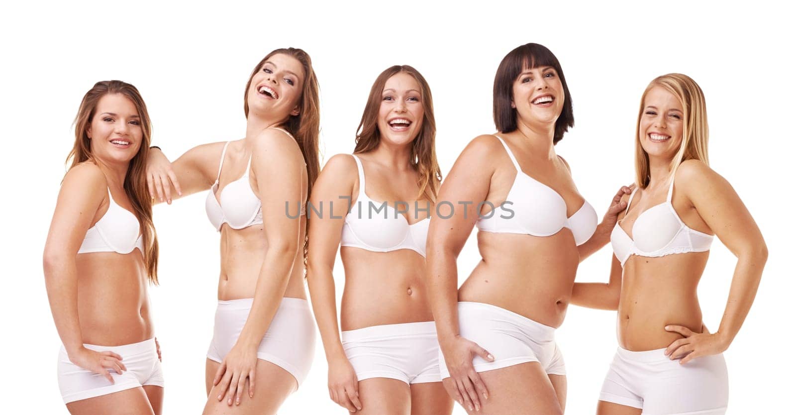 Portrait, smile and underwear with natural women in studio isolated on white background for wellness. Skincare, beauty and plus size with model group together for body positive support or empowerment.