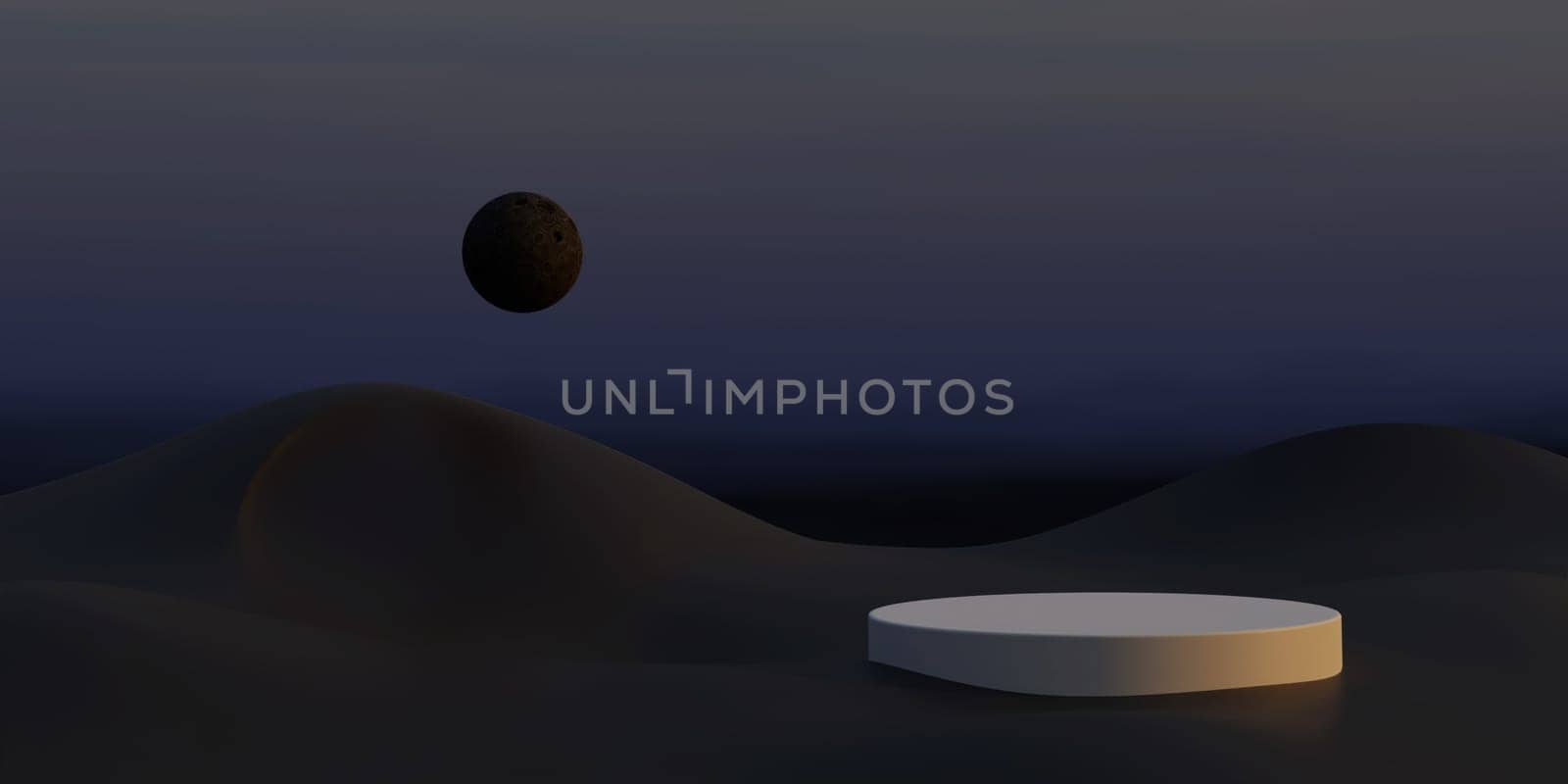 3d podium against the night sky. Abstraction of the night pedestal. A platform for product presentation. 3D Render.