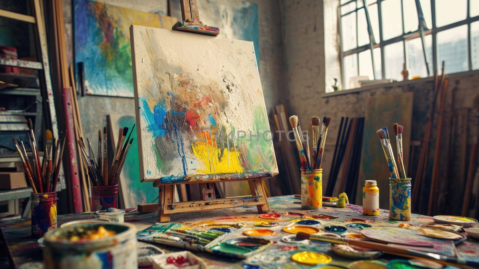An artist's studio in full creative chaos, paint splattered. Resplendent. by biancoblue