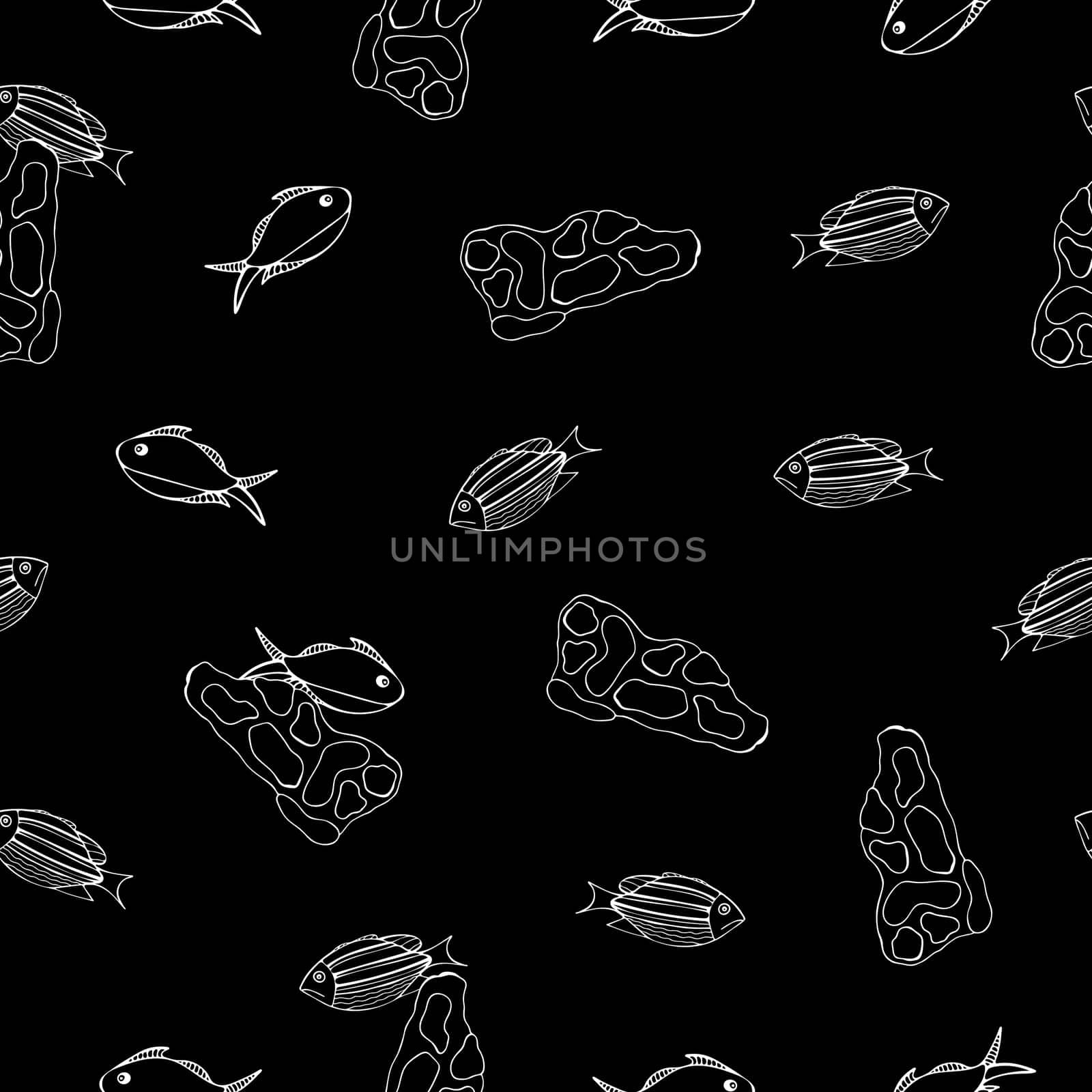 Hand Drawn Black and White Fish Background. Seamless Pattern with Fishes. Sea Animal Digital Papers.