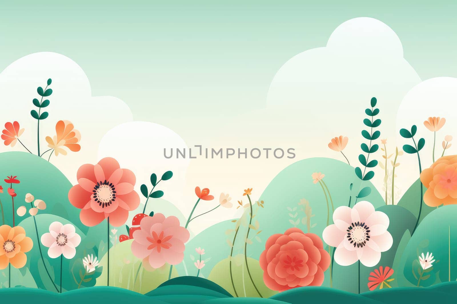 Illustration of a flower meadow in spring. Generative AI..