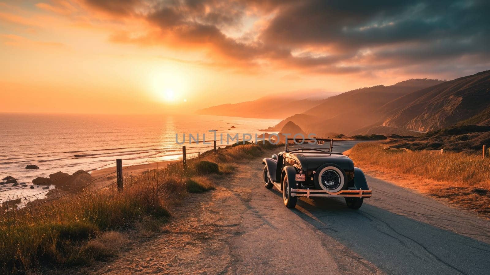 Classic Car on Coastal Road at Sunset. Resplendent. by biancoblue