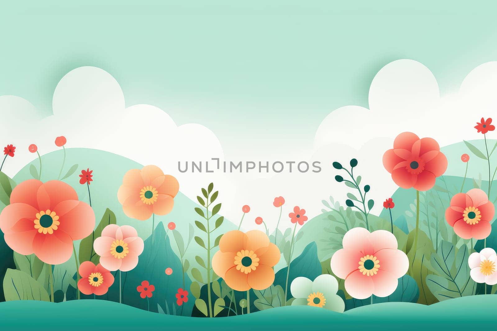 Illustration of a flower meadow in spring. Generative AI..