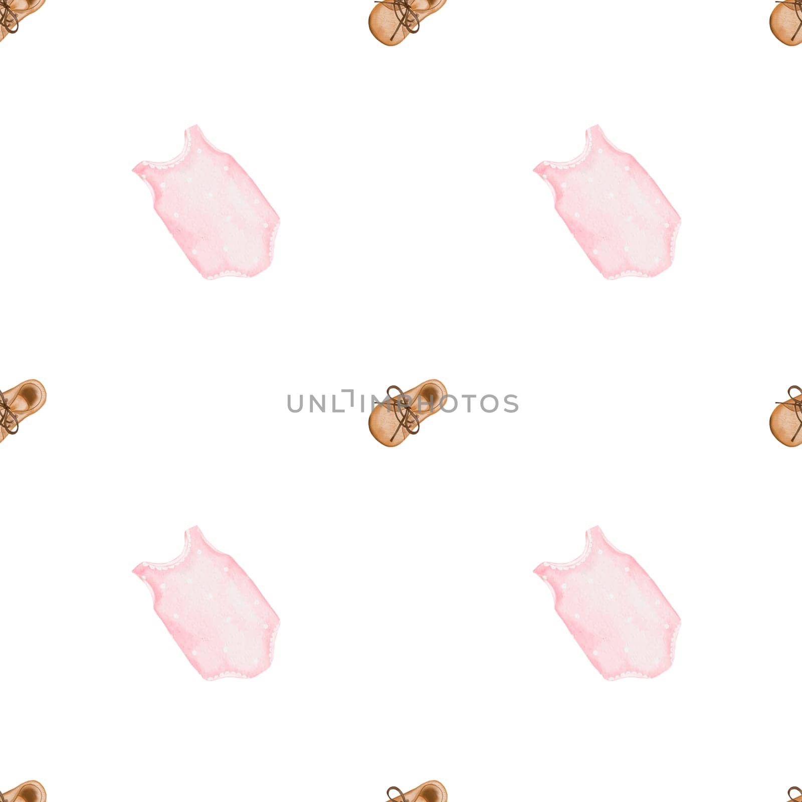 Watercolor pattern with baby stuff. Seamless illustration of cute baby clothes in pastel beige and pink colors. For printing on retro and boho style children's textiles. High quality illustration