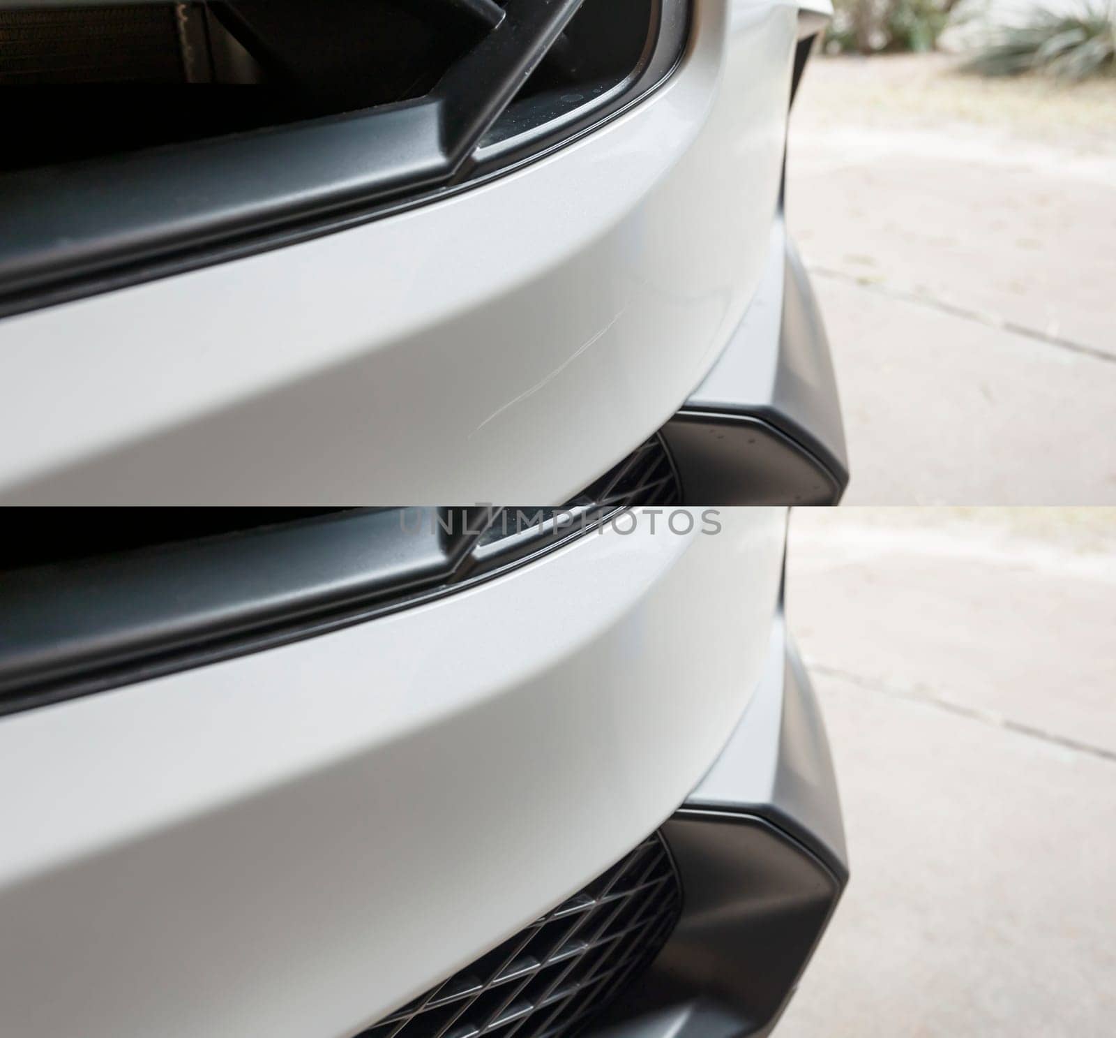 Closeup Scratch on Bumper Of White Car. Before and After Painting. Polishing The Clear Coat With A Rubbing Compound, Waxing. Car Repair. Blue Horizontal Plane by netatsi