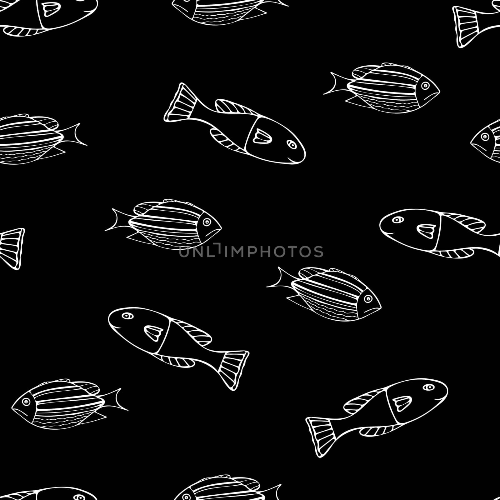 Hand Drawn Black and White Fish Background. Seamless Pattern with Fishes. Sea Animal Digital Papers.