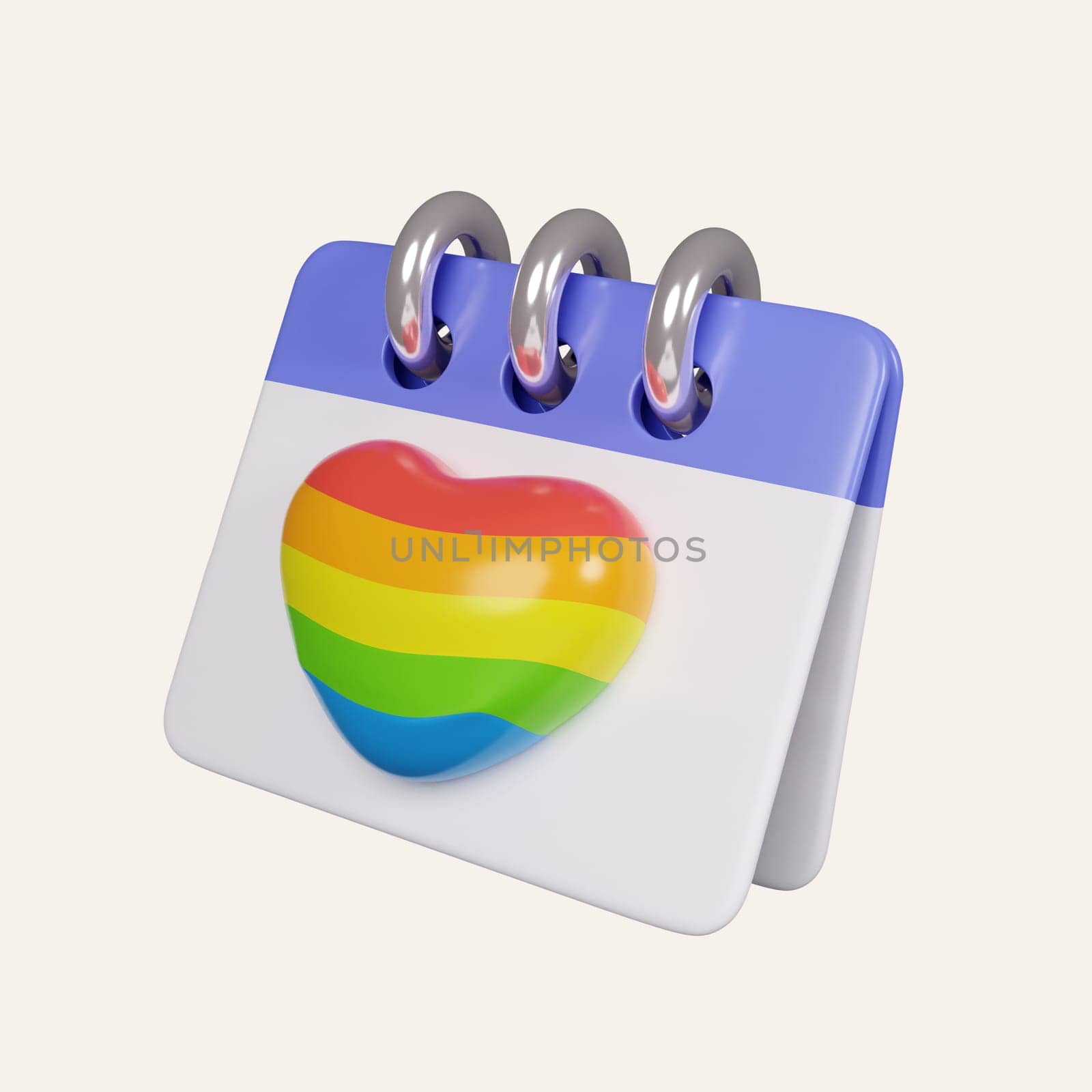 3d LGBTQ Pride Month. Tear-off calendar with 3d rainbow heart for design of LGBTQ events. 3d symbol of Pride day. icon isolated on white background. 3d rendering illustration. Clipping path..