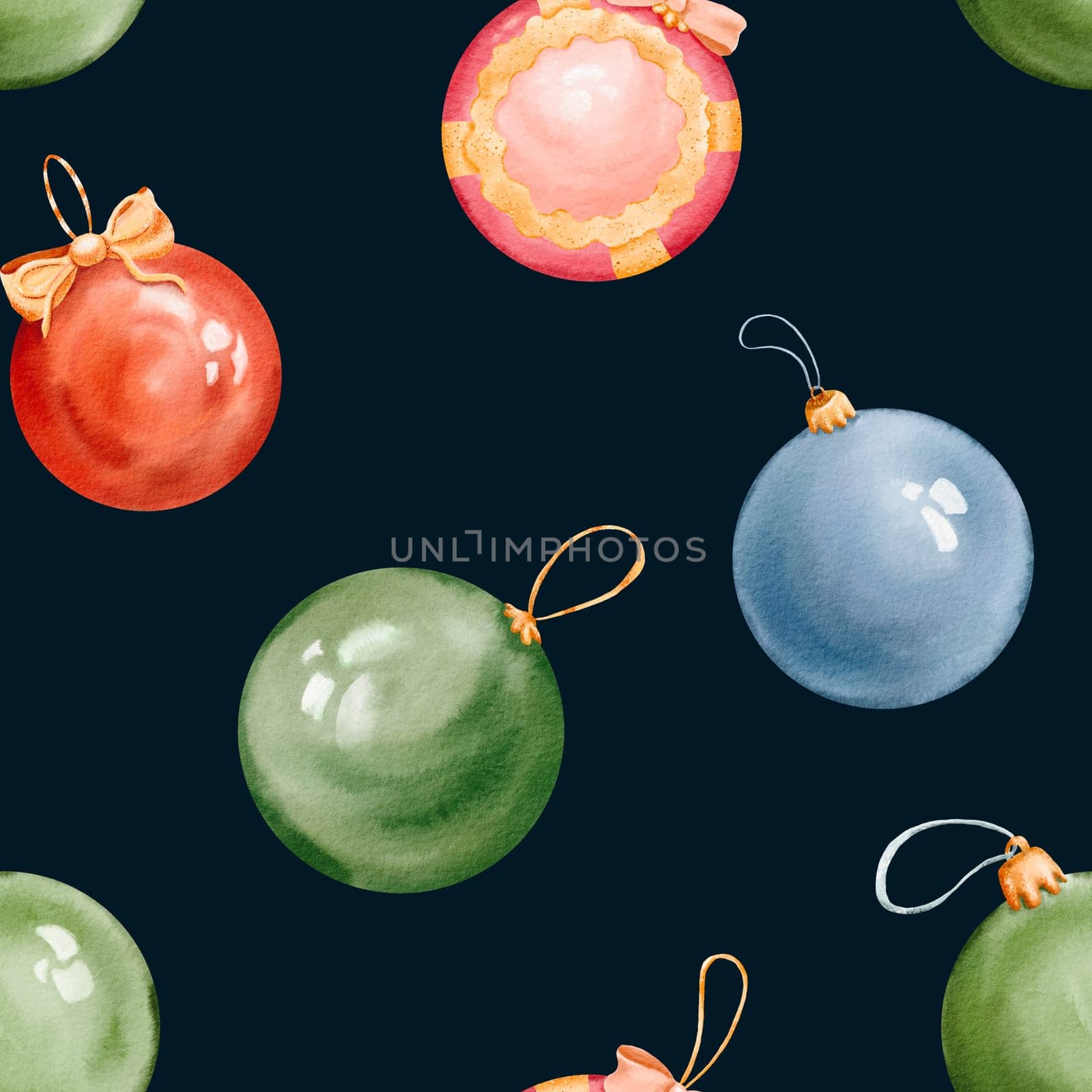 Seamless pattern of christmas balls hand made insolated watercolor illustration. winter season. decorative background for pine tree, greeting card, Dark background. New Year holiday circle by Art_Mari_Ka