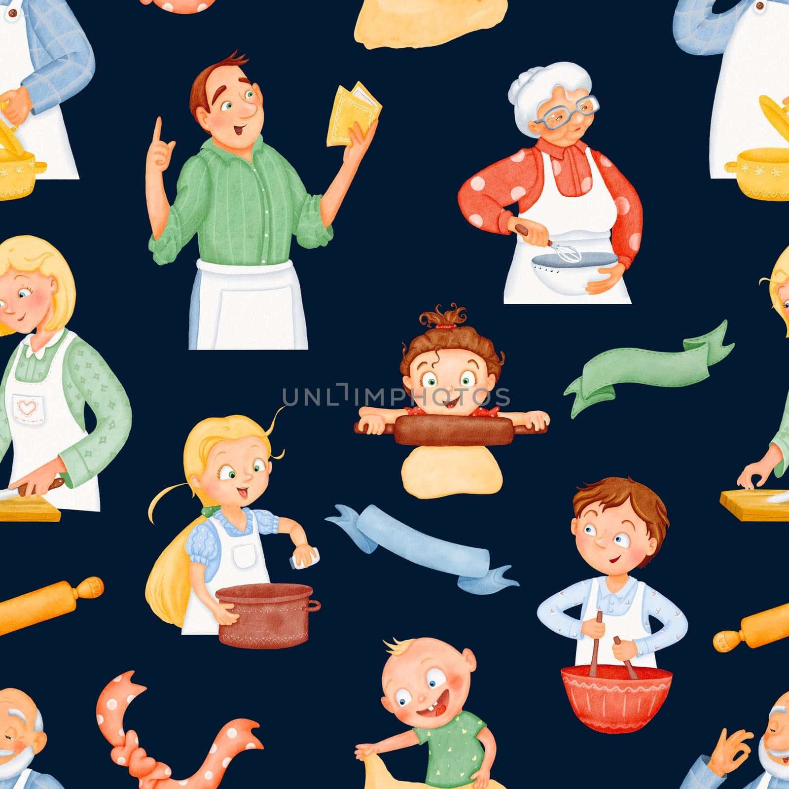 Friendly family. Seamless pattern. Adult children cook lunch with their parents. Watercolor isolated illustrations. men, women, grandmother, grandfather. dark background by Art_Mari_Ka