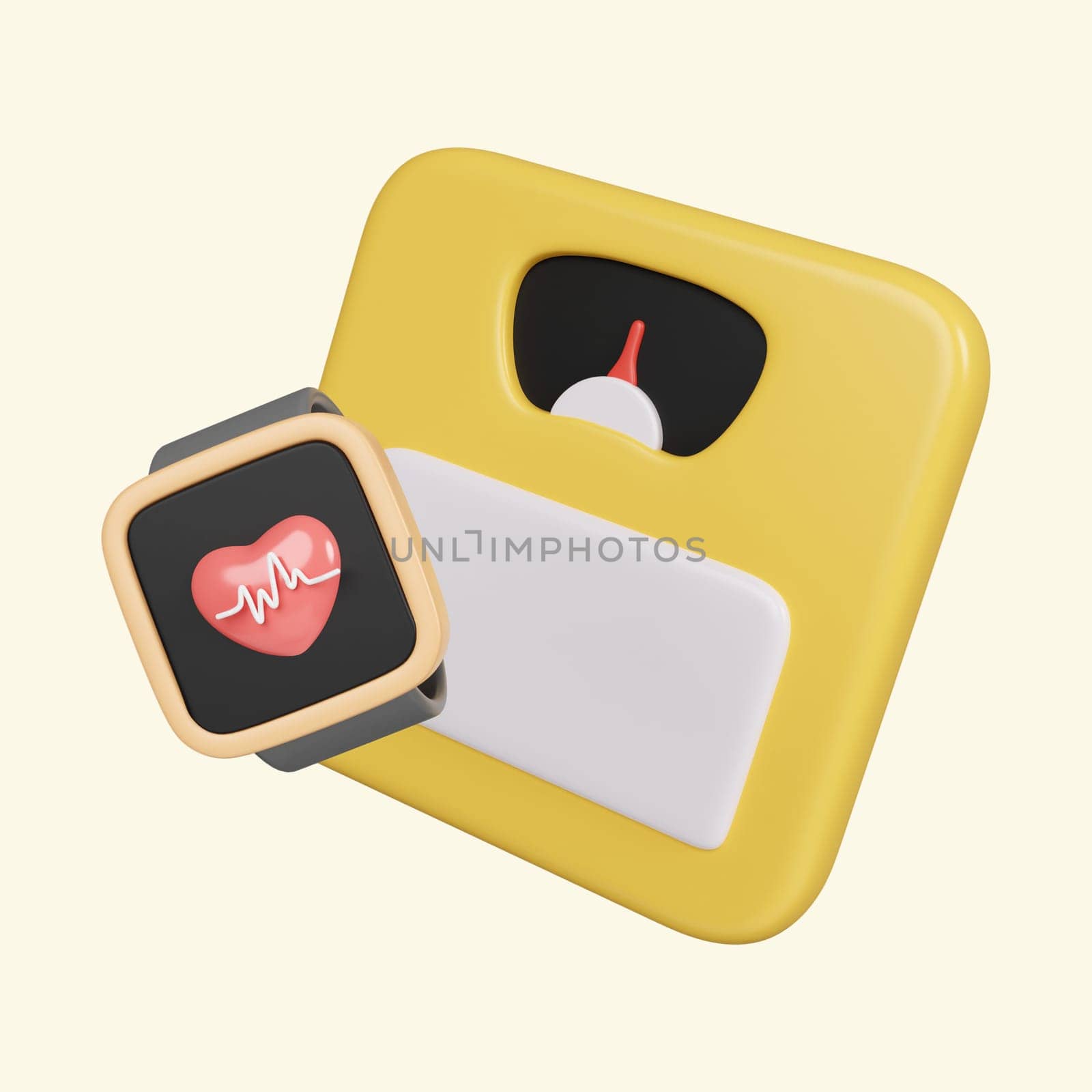 3d weighing scale and Smartwatch . Dieting and health, weight measure device, overweight concept. icon isolated on yellow background. 3d rendering illustration. Clipping path..