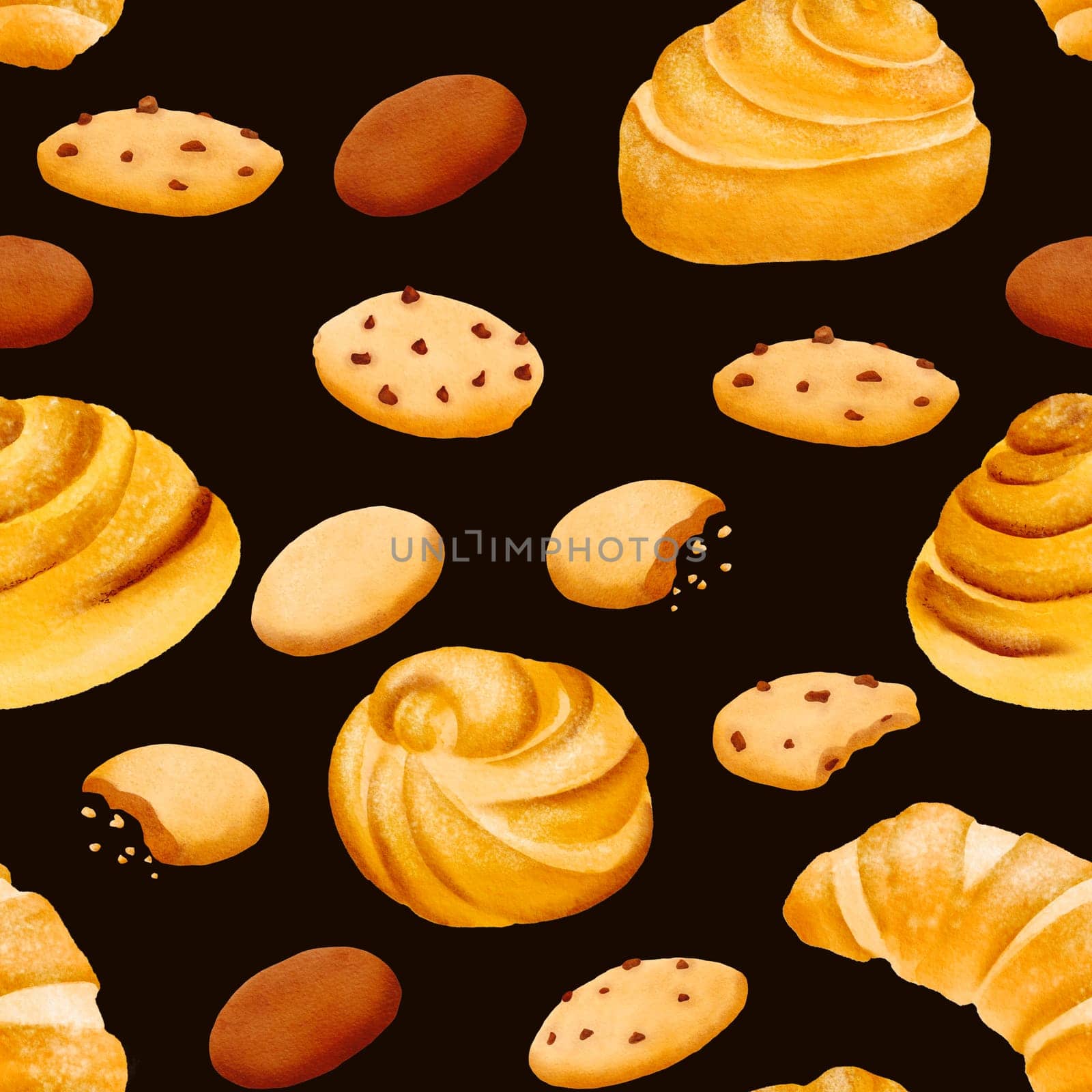 Seamless pattern of fresh delicious crispy sweet cookies and fresh fragrant buns. The pastry with pieces of chocolate and crumbs. yummy. Isolated hand drawn digital watercolor black background by Art_Mari_Ka