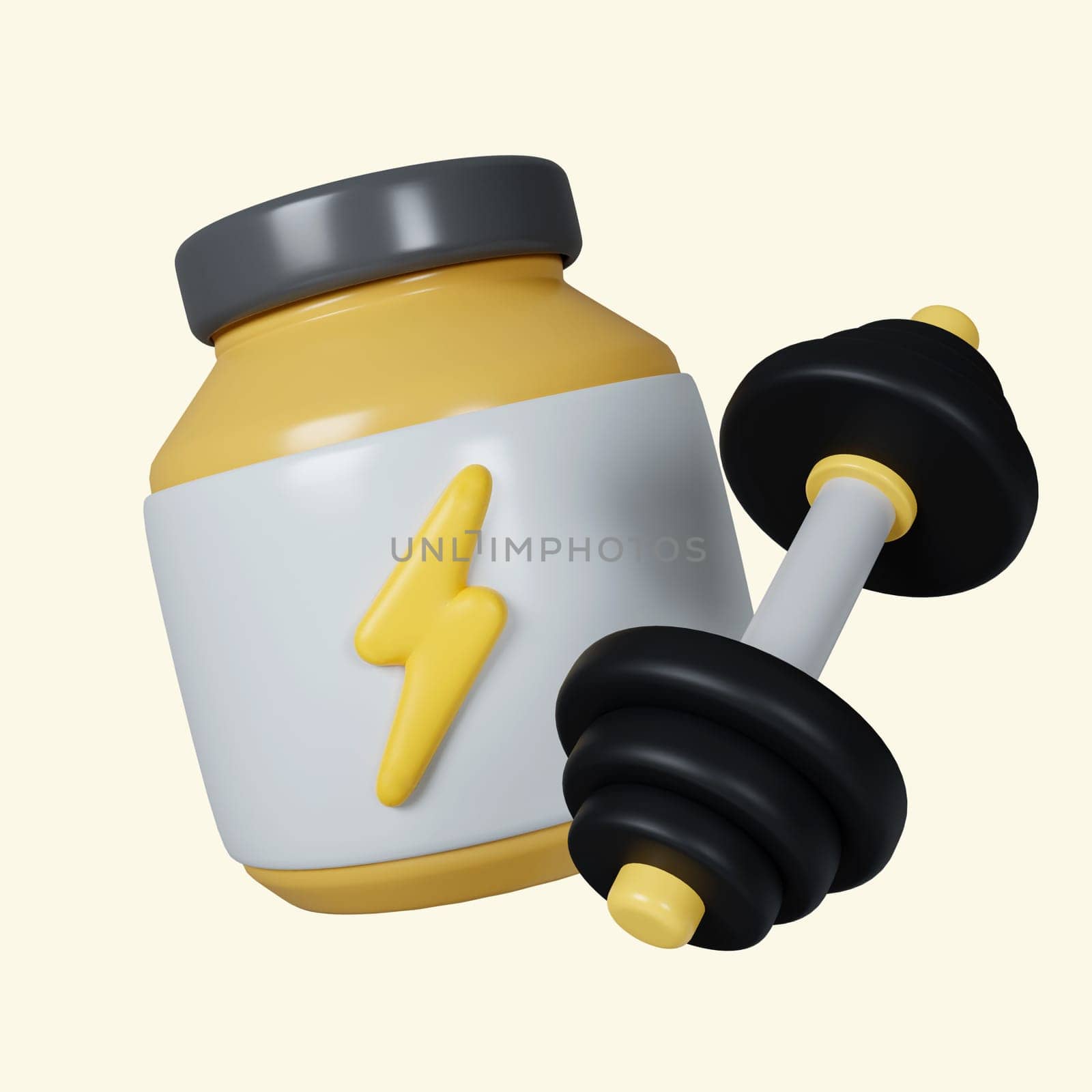 3d Sport nutrition. Fitness supplement. Fitness and health. Exercise equipment. icon isolated on yellow background. 3d rendering illustration. Clipping path..
