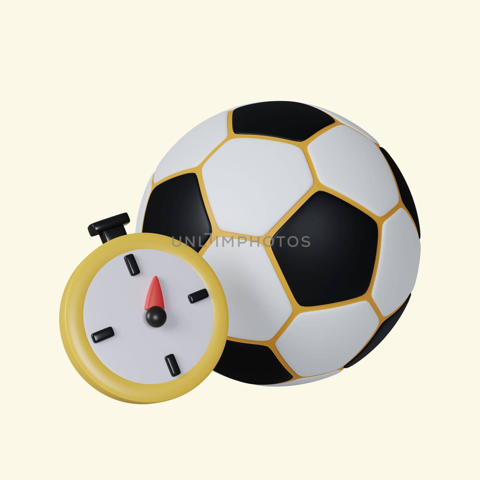 3d clock and football. Fitness and health. Exercise equipment. icon isolated on yellow background. 3d rendering illustration. Clipping path..