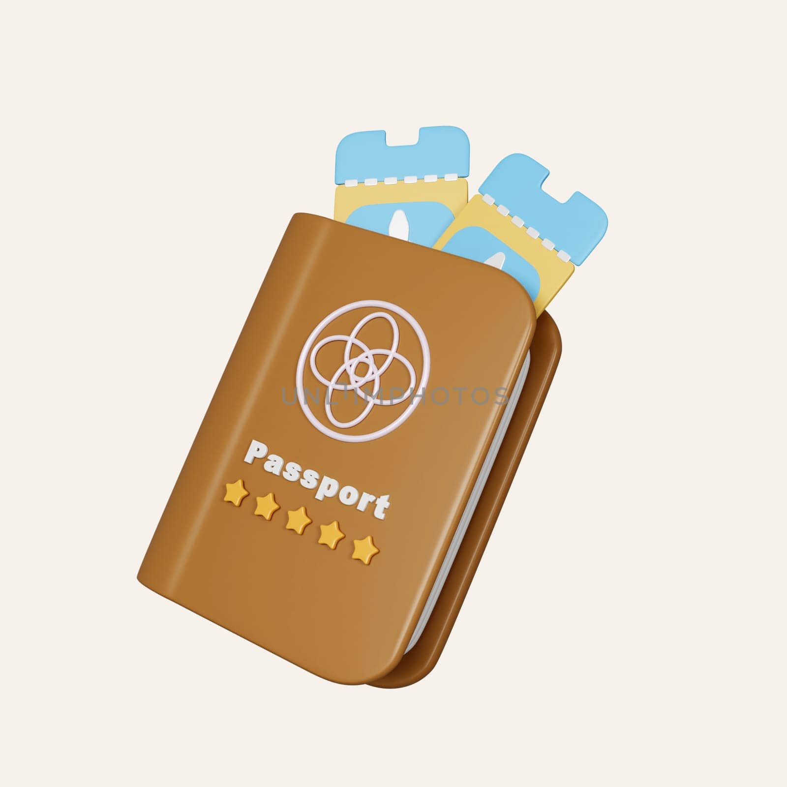 3D An Air plane ticket and Brown passport. icon isolated on white background. 3d rendering illustration. Clipping path..