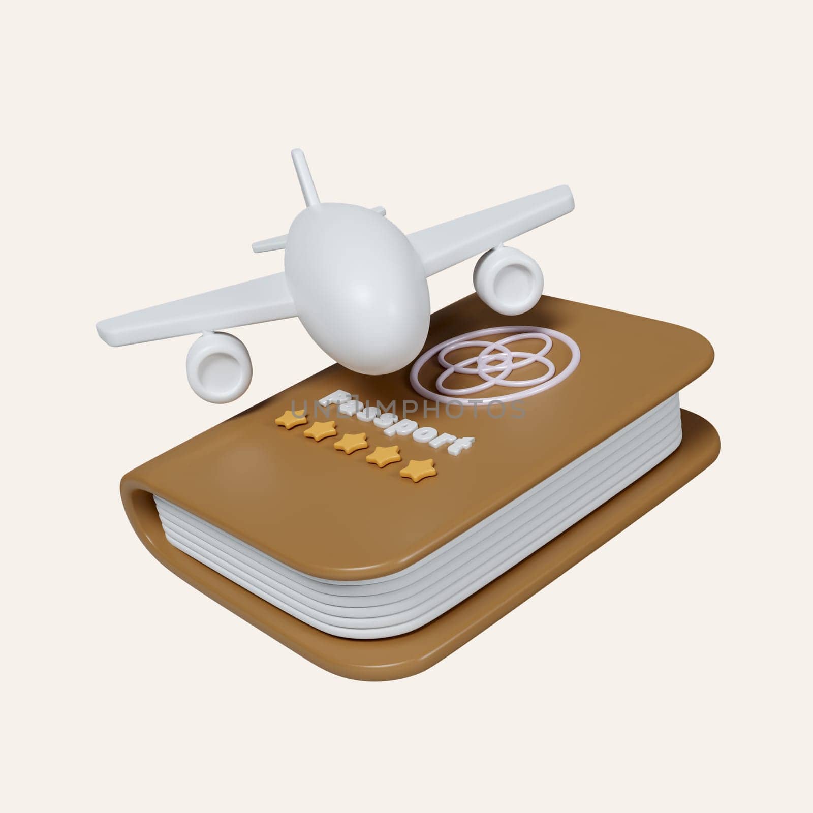 3D air plane, Tourism and travel and Brown passport icon. Identification Document. icon isolated on white background. 3d rendering illustration. Clipping path..