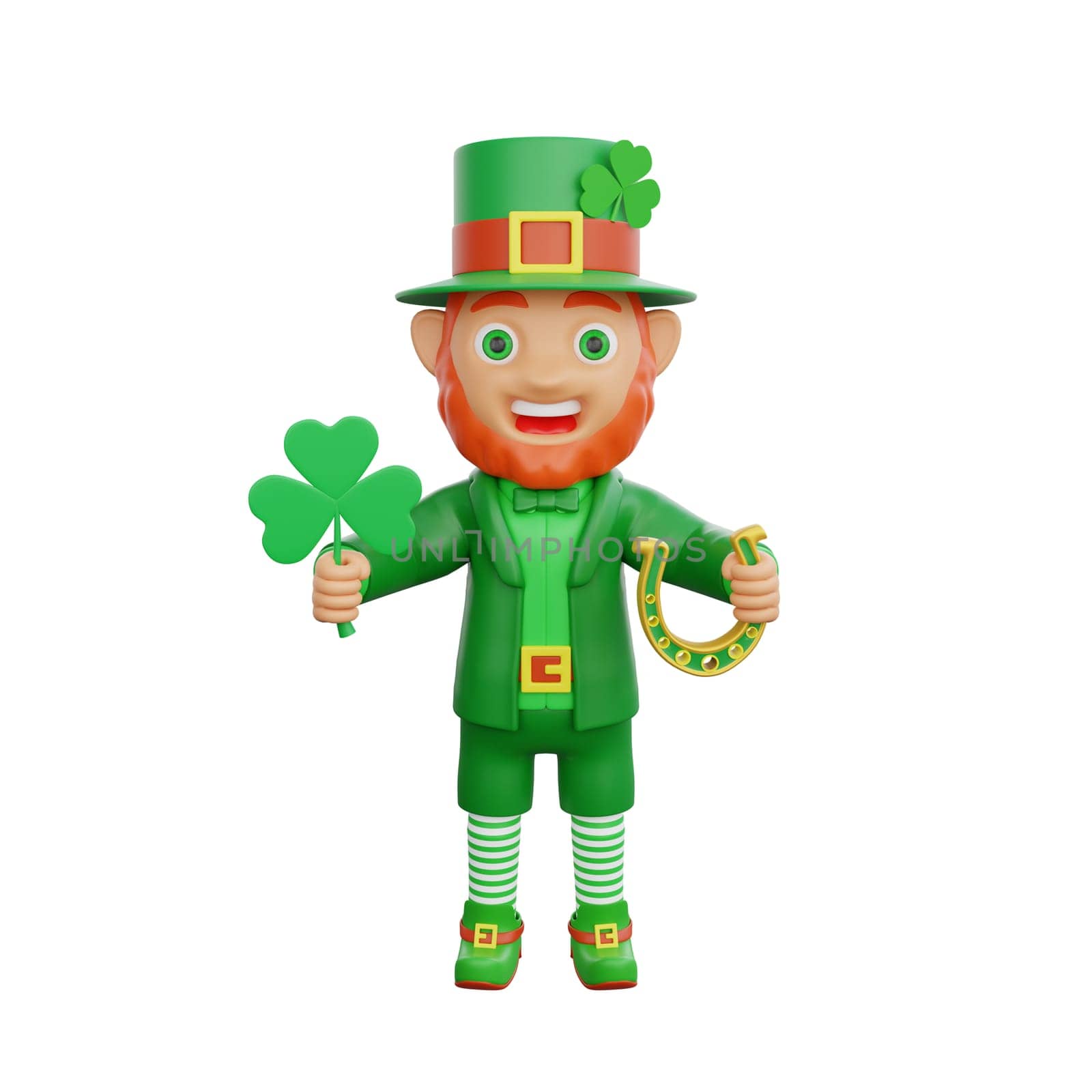 3D illustration of St. Patrick's Day character leprechaun holding a lucky clover and a golden horseshoe