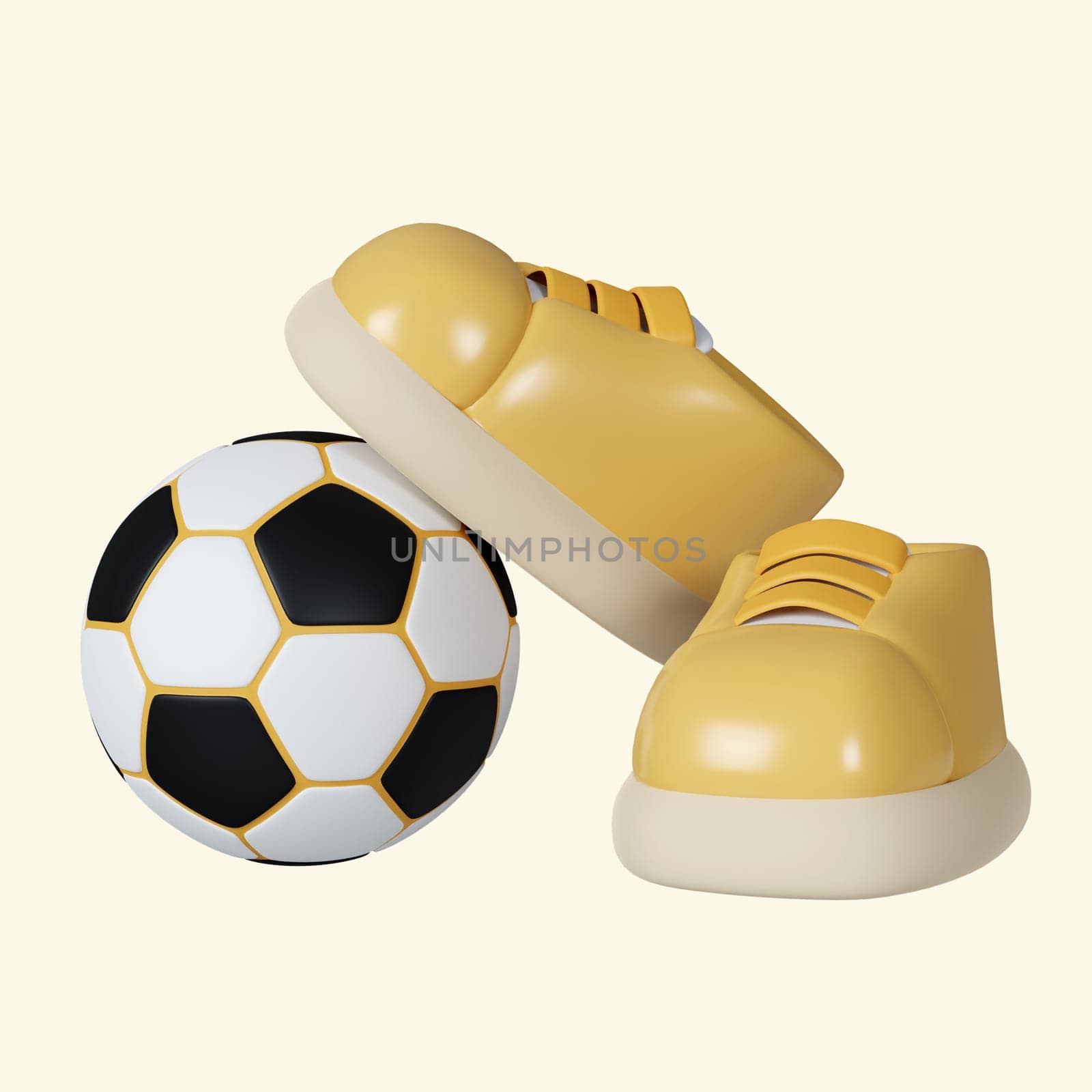 3d shoes and football. Fitness and health. Exercise equipment. icon isolated on yellow background. 3d rendering illustration. Clipping path..