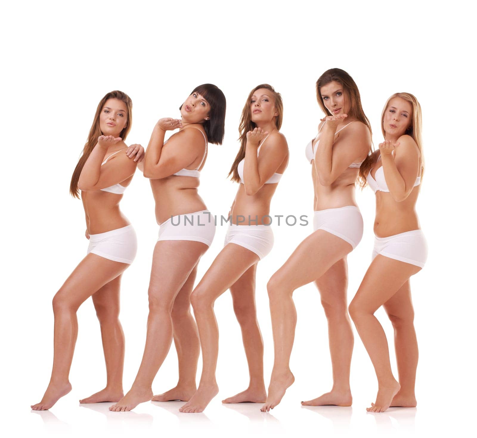 Mwah. Portrait, beauty and underwear with natural women in studio isolated on white background for wellness. Skincare, plus size and blow a kiss with model group together for body positive support