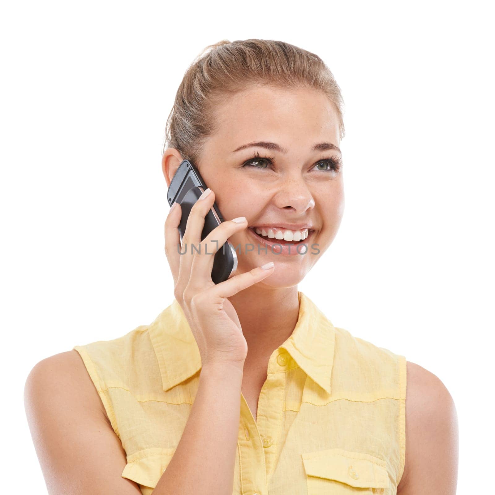 Phone call, listening or happy woman in studio or white background for communication or chat. Smile, funny or girl laughing in conversation or speaking of good news, ideas or feedback for networking.