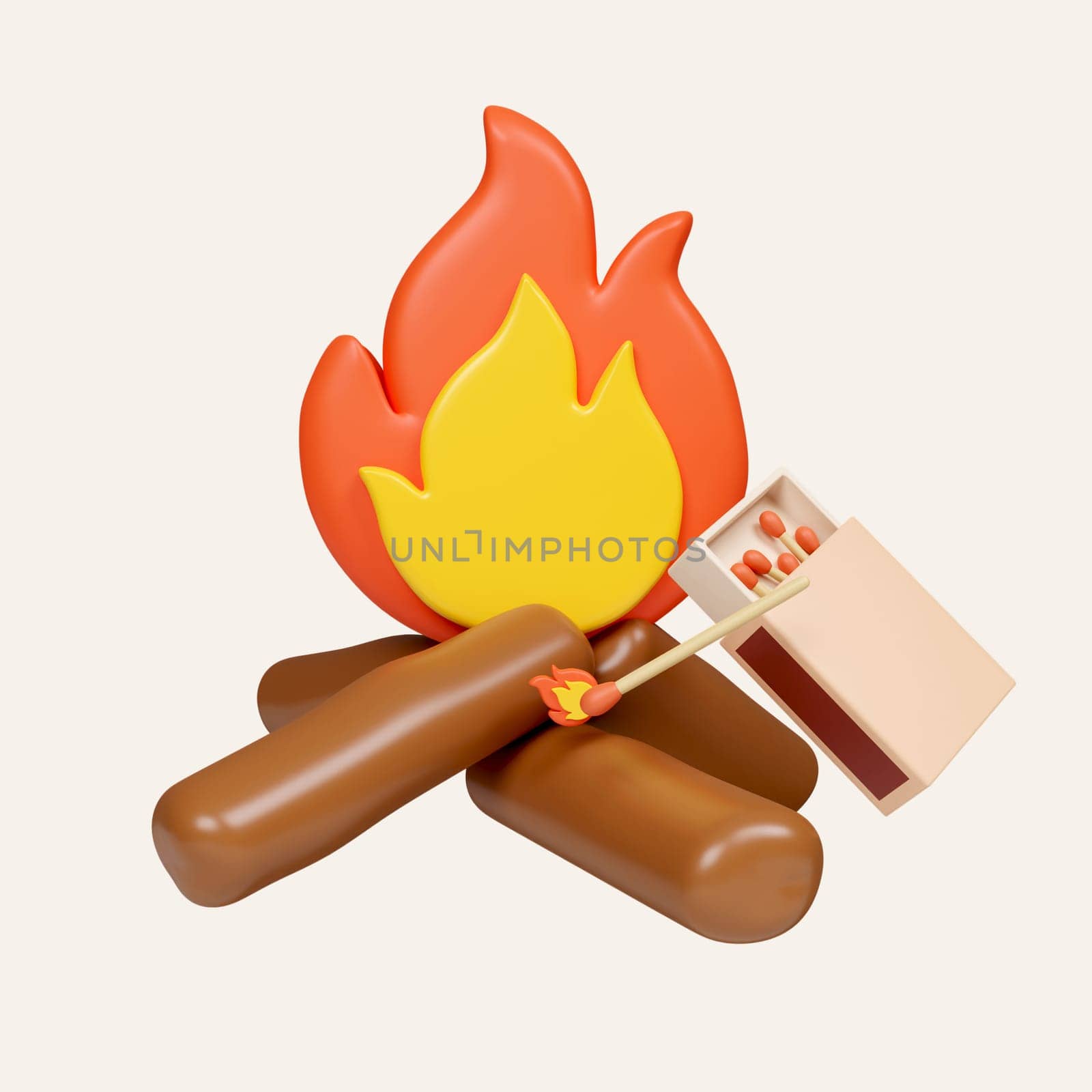3d Bonfire. Camping and hiking equipment. Summer camp and holiday vacation. icon isolated on white background. 3d rendering illustration. Clipping path..