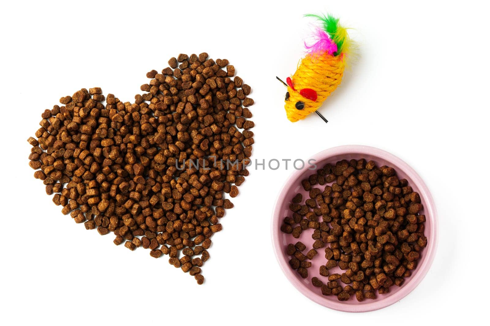 Bowl with dry pet food isolated on white background close up