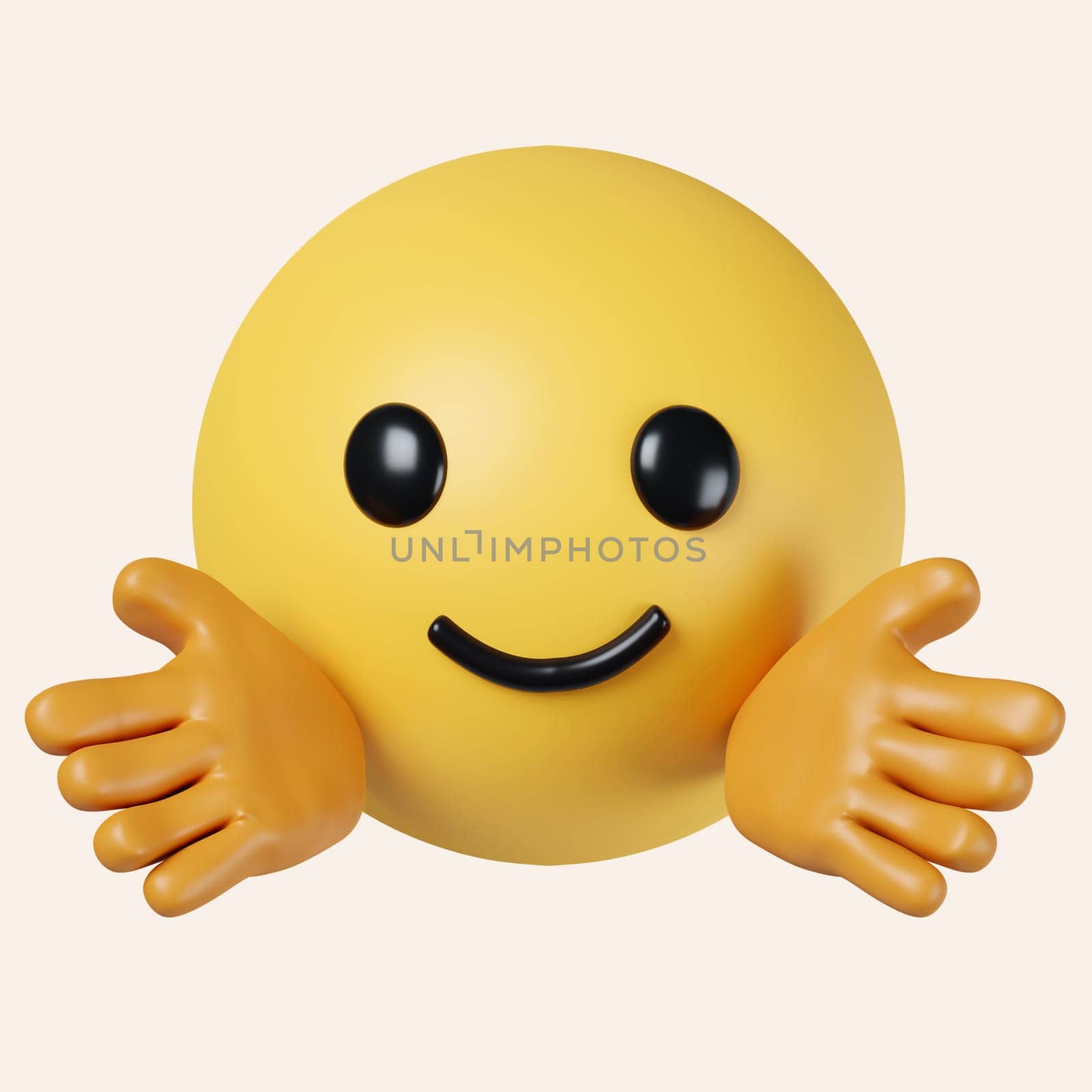 3d Hugging emoji. Emoticon giving a hug. Happy yellow face with open hands and smiling eyes. icon isolated on gray background. 3d rendering illustration. Clipping path..